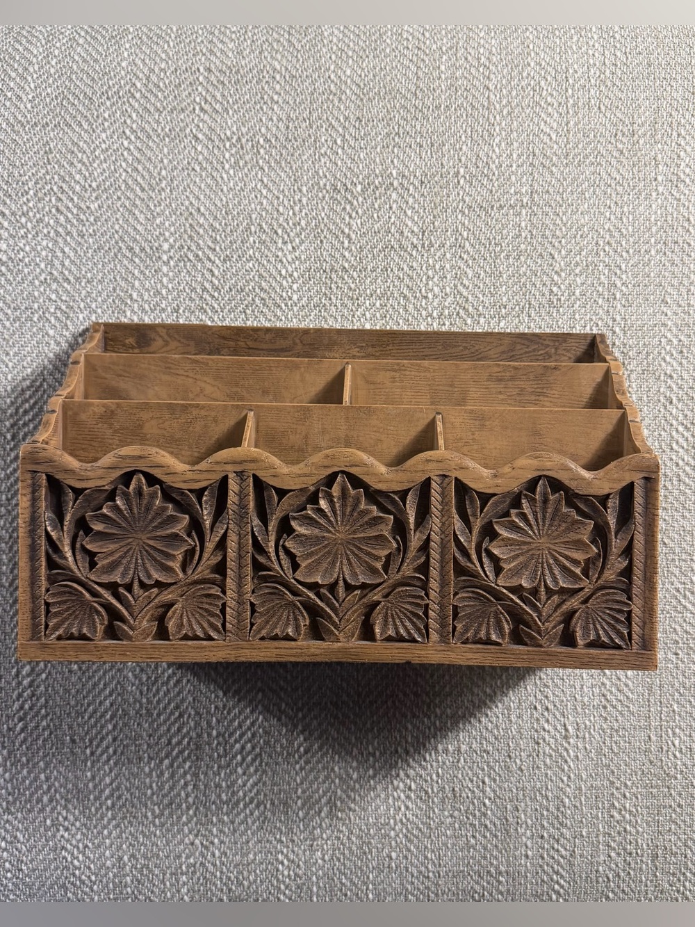 Vintage Floral Carved Faux Wood Letter Holder Mail Organizer Storage Caddy